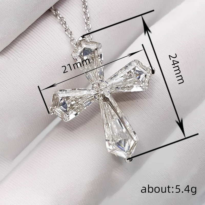 Sterling Silver 925 Set Crystal Cross Pendant Choker Necklace Female