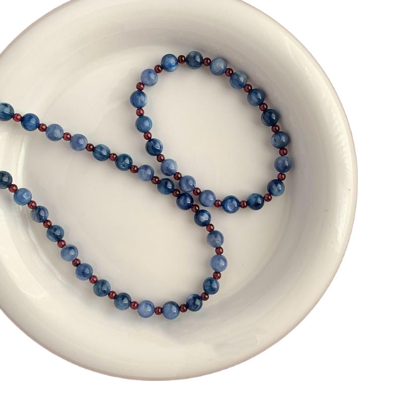 Blue Kyanite Garnet Strand Bead Choker Necklace Sterling Silver Clasp