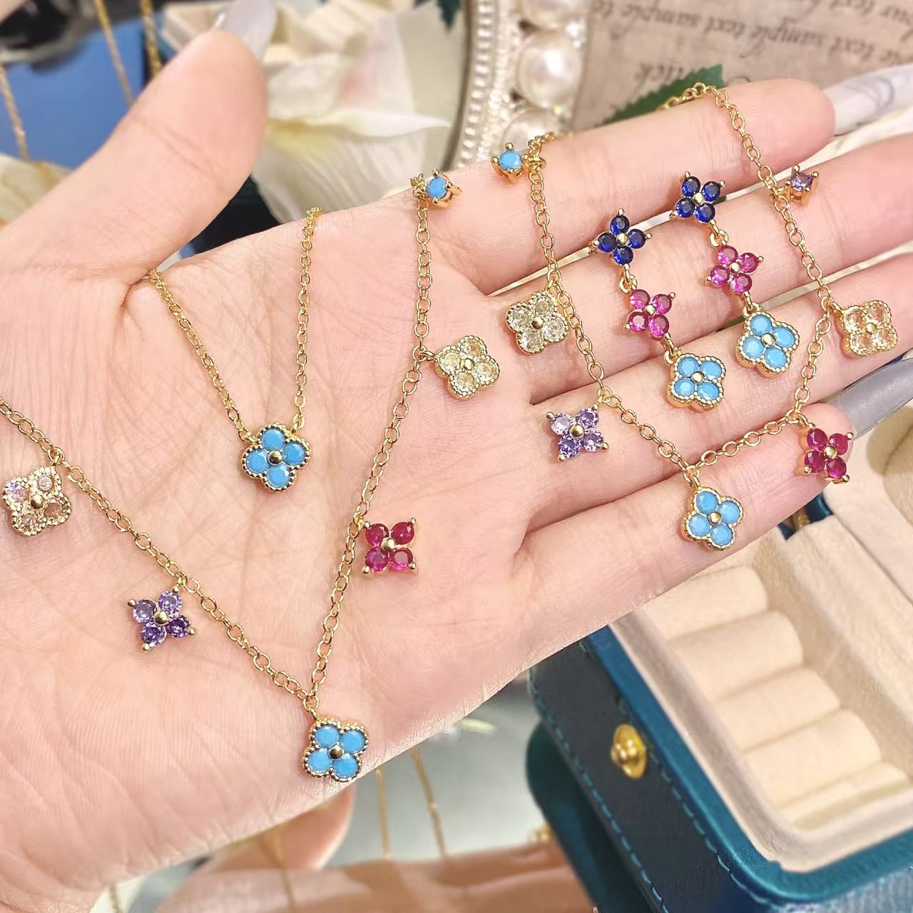 Luxury Clover Female Choker Necklace Multi-color Stone Charms Necklace 14K Gold Plated Jewelry Set