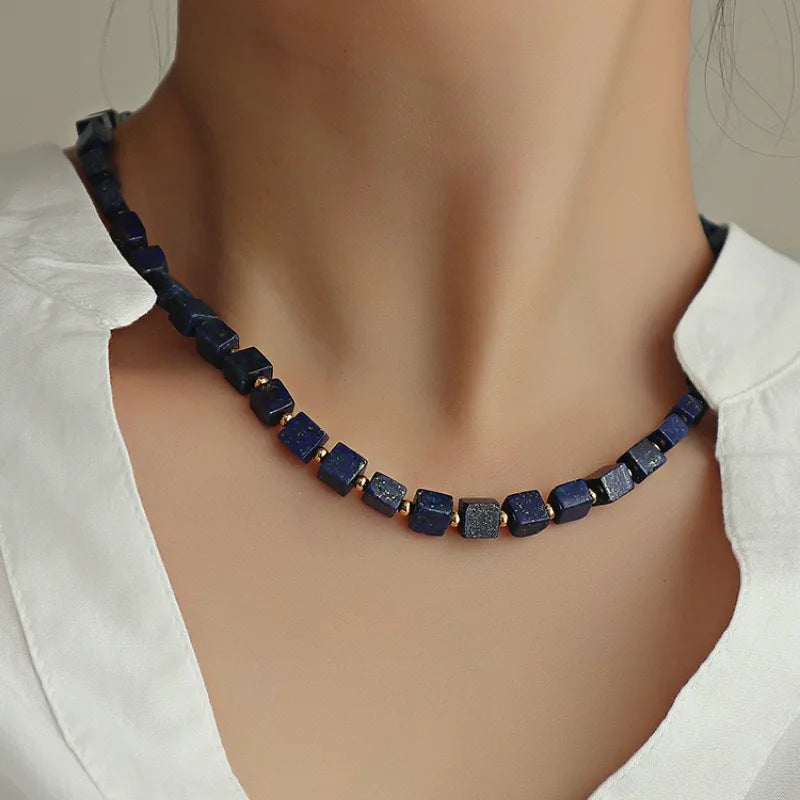 Square Lapis Lazuli Choker Necklace Handmade Gold Plated