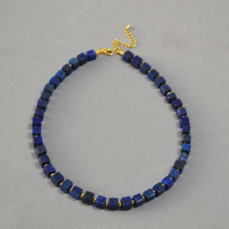 Square Lapis Lazuli Choker Necklace Handmade Gold Plated