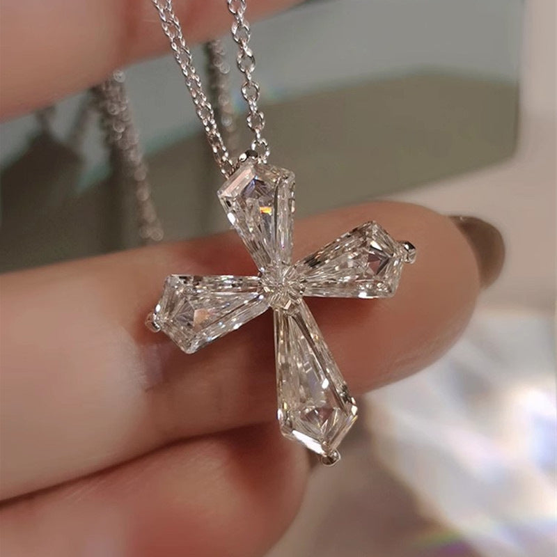 Sterling Silver 925 Set Crystal Cross Pendant Choker Necklace Female