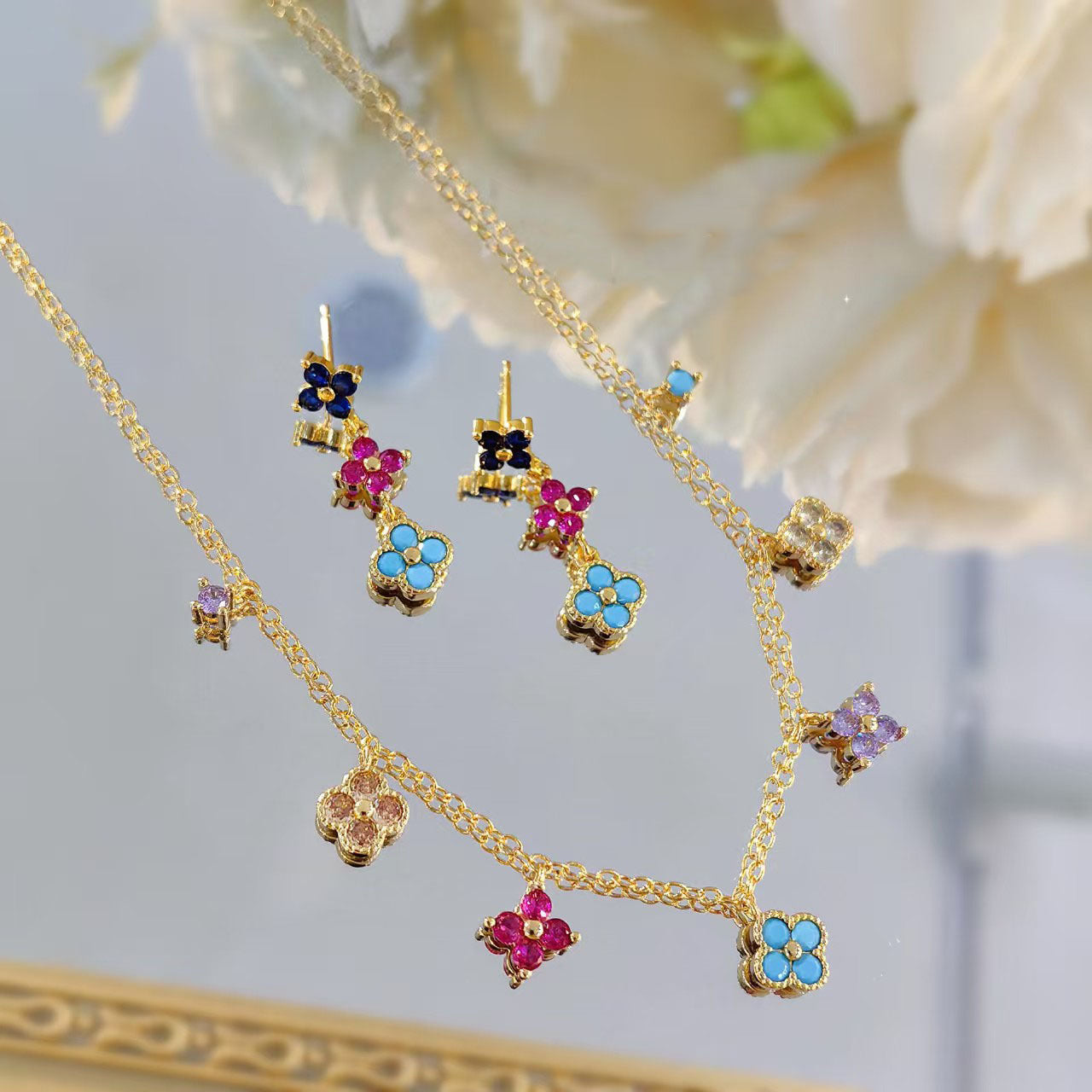Luxury Clover Female Choker Necklace Multi-color Stone Charms Necklace 14K Gold Plated Jewelry Set