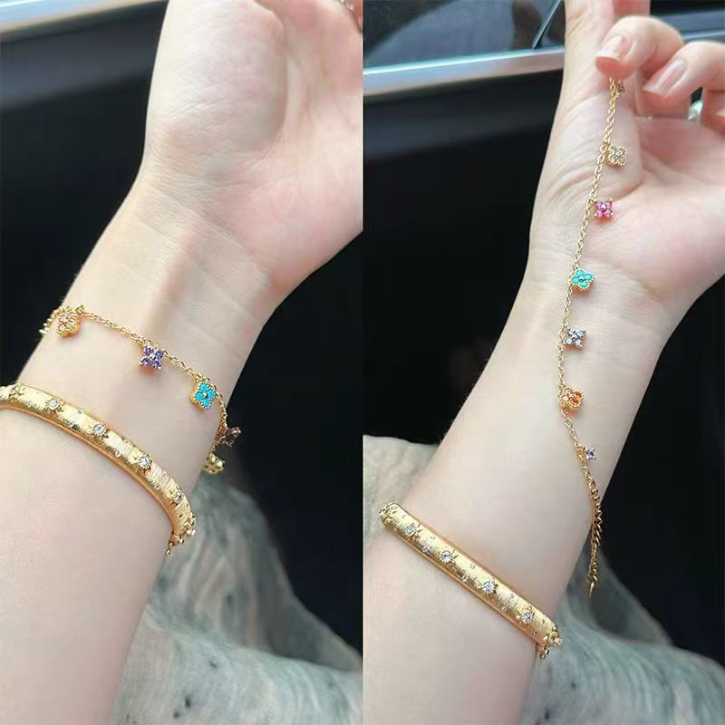 Luxury Clover Female Choker Necklace Multi-color Stone Charms Necklace 14K Gold Plated Jewelry Set
