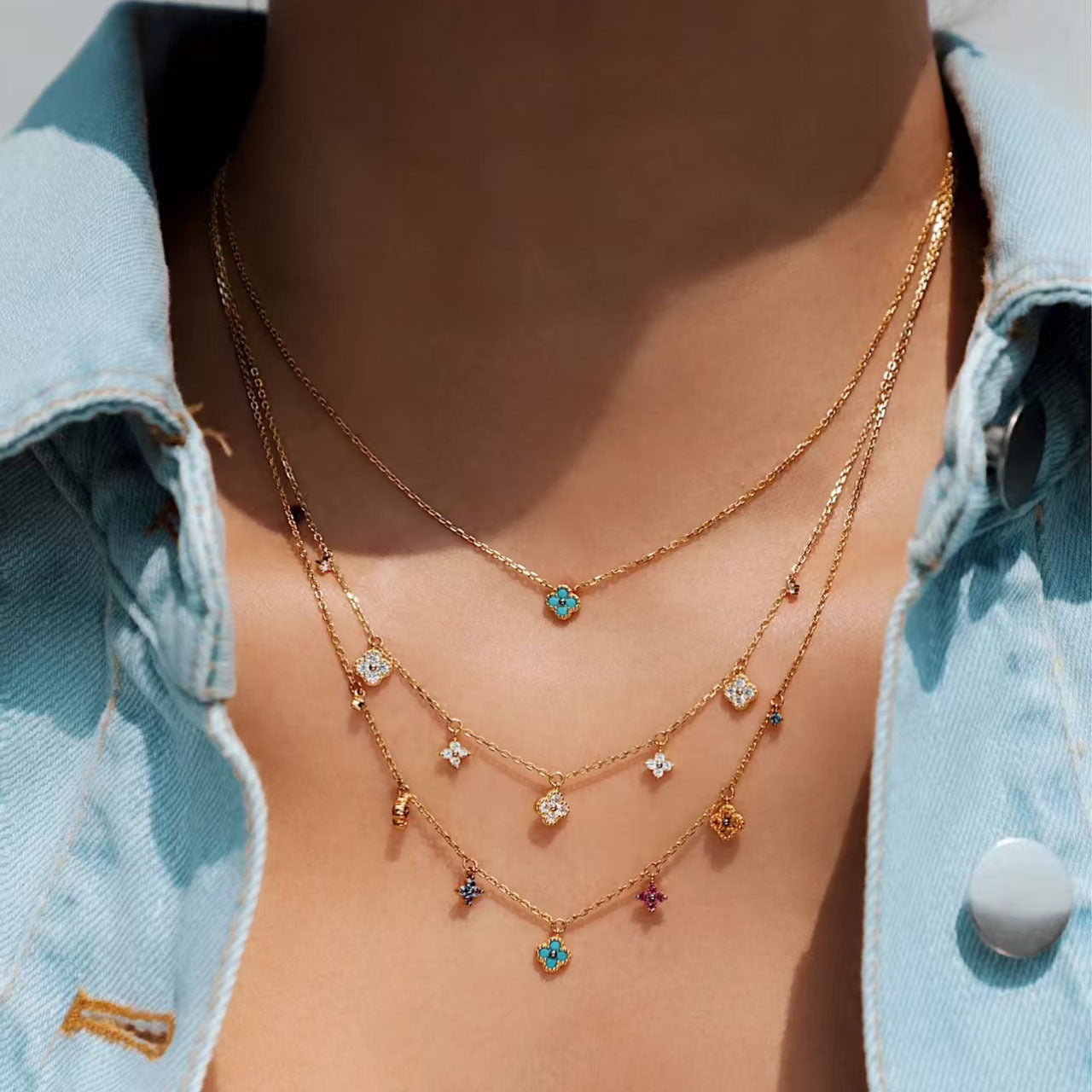 Luxury Clover Female Choker Necklace Multi-color Stone Charms Necklace 14K Gold Plated Jewelry Set