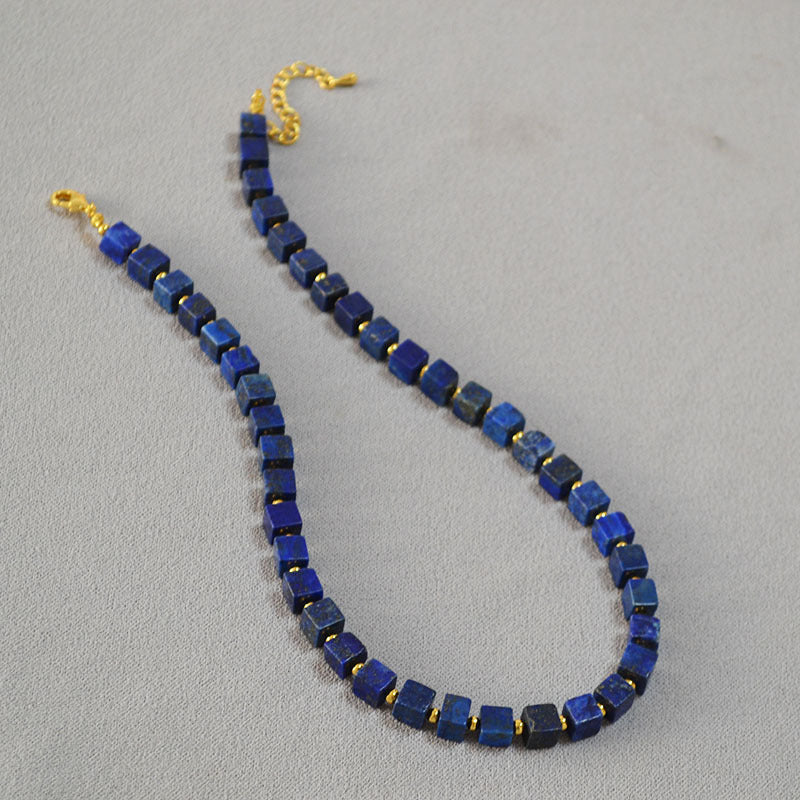 Square Lapis Lazuli Choker Necklace Handmade Gold Plated