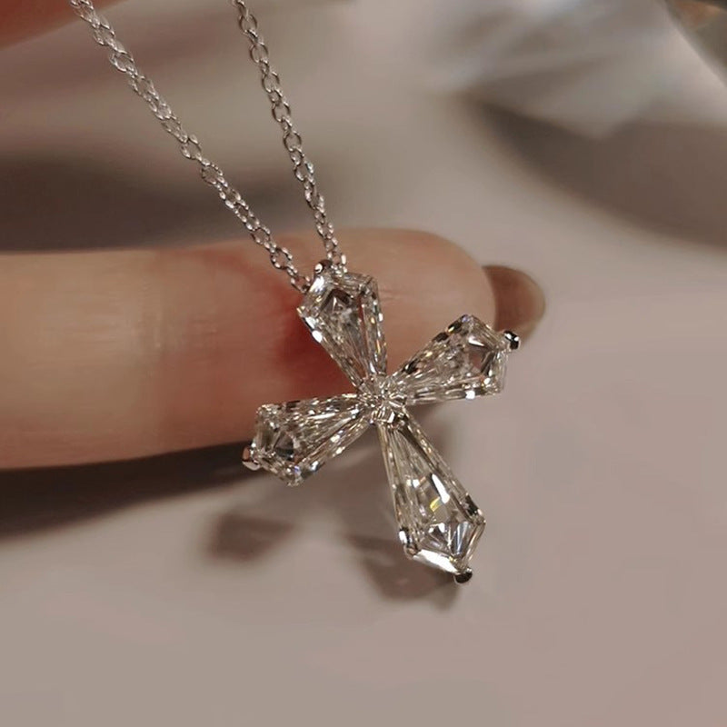 Sterling Silver 925 Set Crystal Cross Pendant Choker Necklace Female