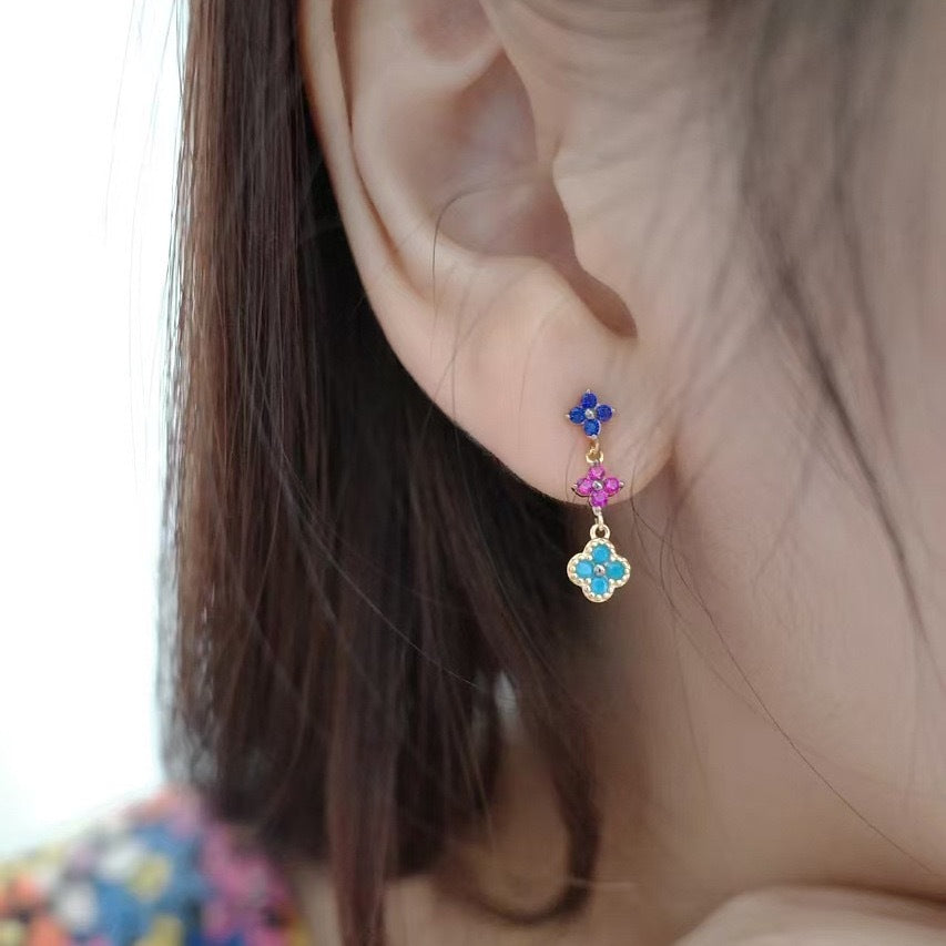 Multi-color Stone Lucky Clover 3 Charms Female Dangle Earring 14K Gold Plated