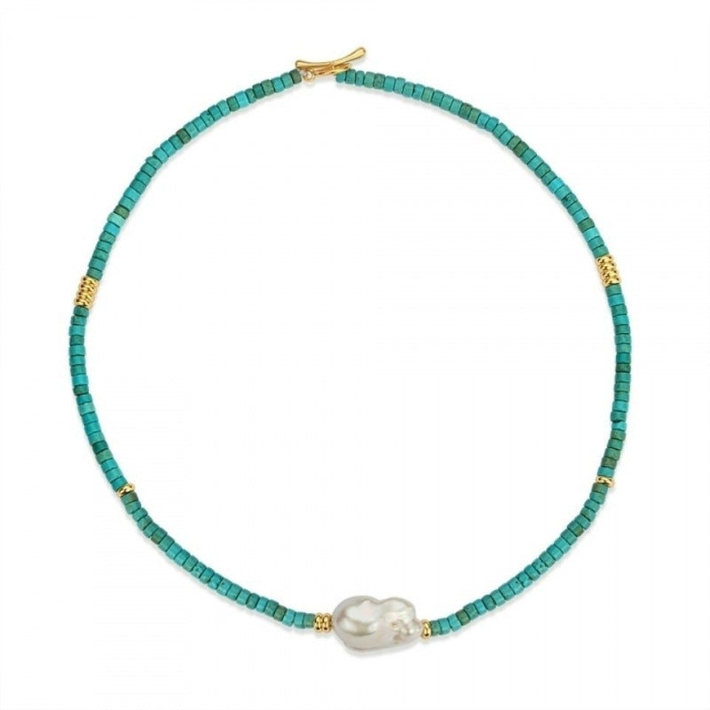 Natural Turquoise Sead Strand Choker With Baroque Pearl