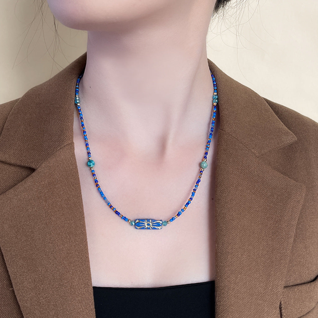 Handmade Indigo Bohemian Beaded Necklace Natural Turquoise Stone Beads Choker bohemian choker necklace indigo stone necklace