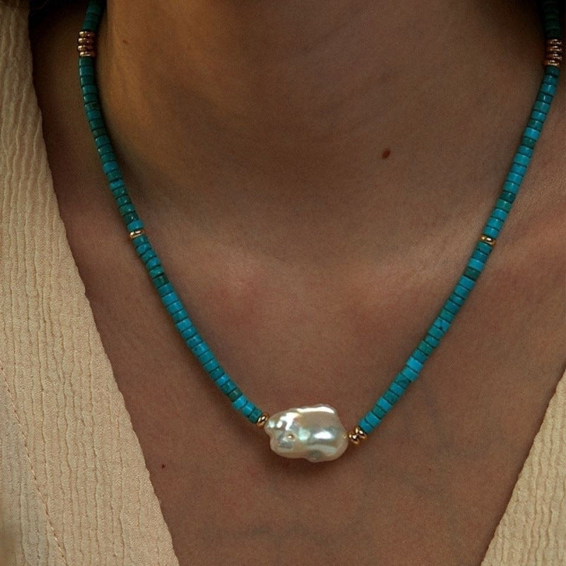 Natural Turquoise Sead Strand Choker With Baroque Pearl