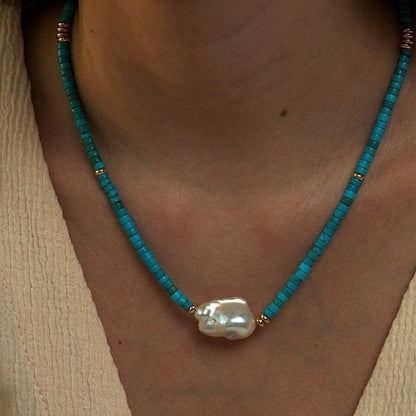 Natural Turquoise Sead Strand Choker With Baroque Pearl
