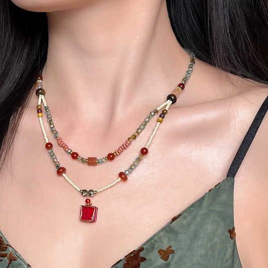Dunhuang Collection Beaded Necklace Handcrafted Red Agate Crystal Double Tier Strand Choker