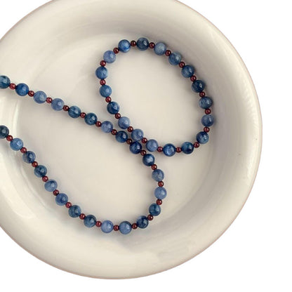Blue Kyanite Garnet Strand Bead Choker Necklace Sterling Silver Clasp