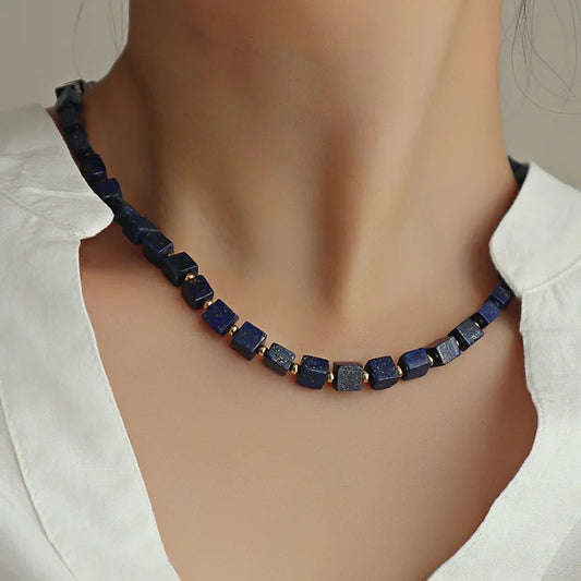 Square Lapis Lazuli Choker Necklace Handmade Gold Plated