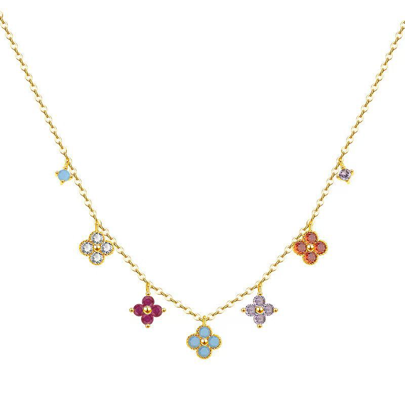 Luxury Clover Female Choker Necklace Multi-color Stone Charms Necklace 14K Gold Plated Jewelry Set
