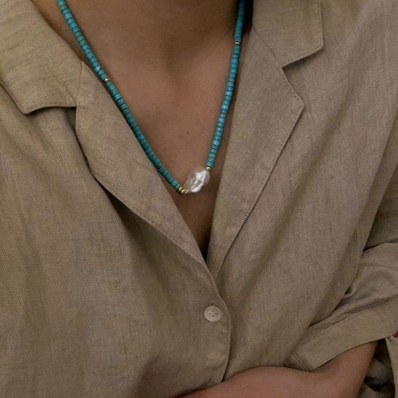 Natural Turquoise Sead Strand Choker With Baroque Pearl