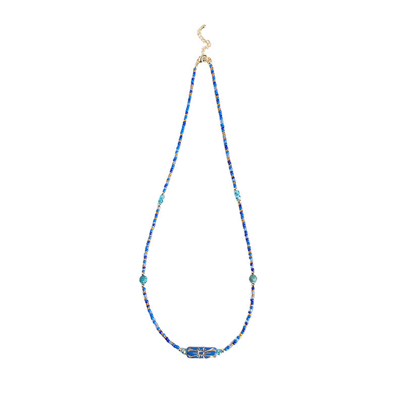 Handmade Indigo Bohemian Beaded Necklace Natural Turquoise Stone Beads Choker bohemian choker necklace indigo stone necklace