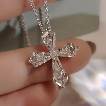 Sterling Silver 925 Set Crystal Cross Pendant Choker Necklace Female