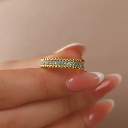 Sterling Silver 925 Set Natural Turquoise Stone Ring Vintage S925 Narrow Band Ring