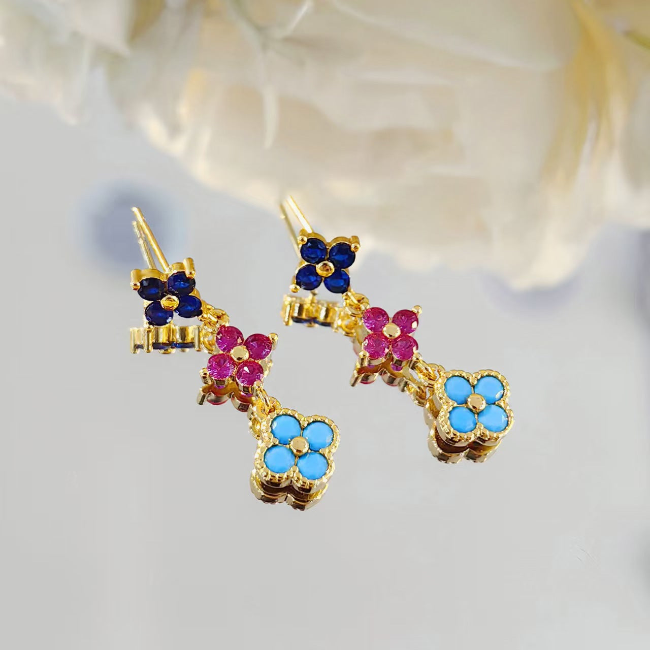 Multi-color Stone Lucky Clover 3 Charms Female Dangle Earring 14K Gold Plated