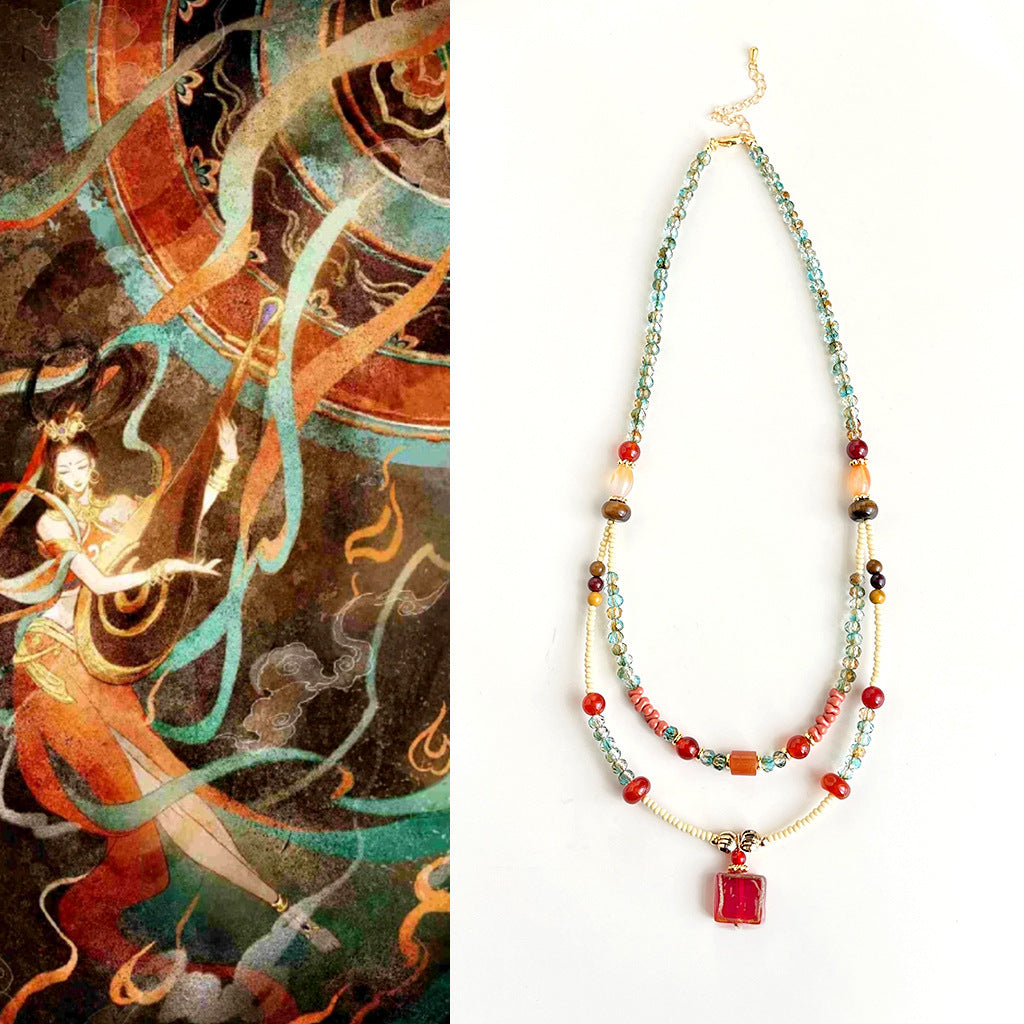 Dunhuang Collection Beaded Necklace Handcrafted Red Agate Crystal Double Tier Strand Choker