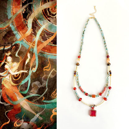 Dunhuang Collection Beaded Necklace Handcrafted Red Agate Crystal Double Tier Strand Choker