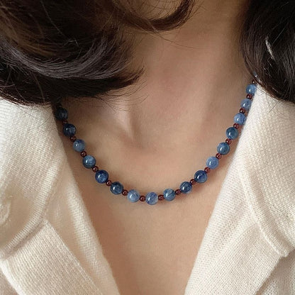 Blue Kyanite Garnet Strand Bead Choker Necklace Sterling Silver Clasp