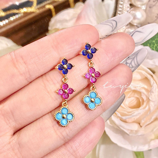 Multi-color Stone Lucky Clover 3 Charms Female Dangle Earring 14K Gold Plated