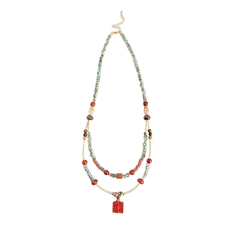 Dunhuang Collection Beaded Necklace Handcrafted Red Agate Crystal Double Tier Strand Choker