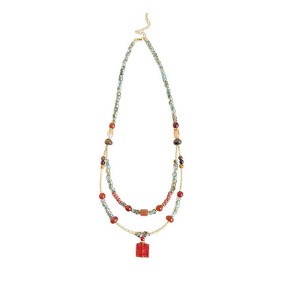 Dunhuang Collection Beaded Necklace Handcrafted Red Agate Crystal Double Tier Strand Choker