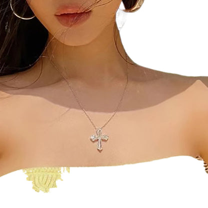 Sterling Silver 925 Set Crystal Cross Pendant Choker Necklace Female