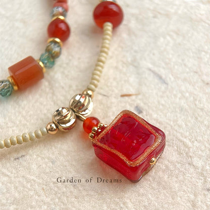 Dunhuang Collection Beaded Necklace Handcrafted Red Agate Crystal Double Tier Strand Choker