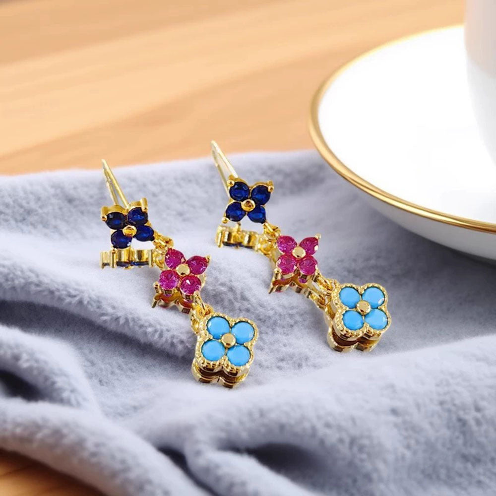 Multi-color Stone Lucky Clover 3 Charms Female Dangle Earring 14K Gold Plated