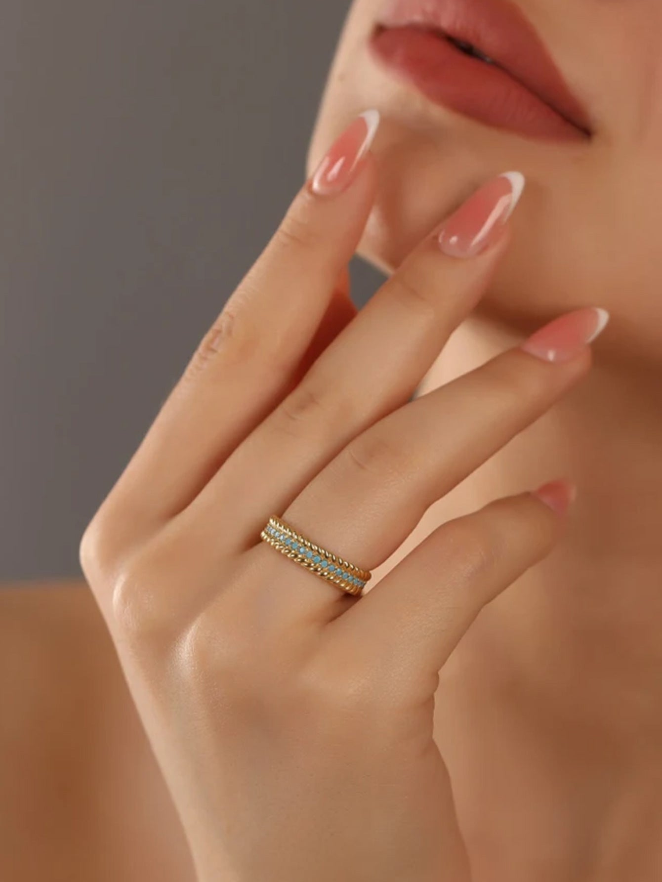Sterling Silver 925 Set Natural Turquoise Stone Ring Vintage S925 Narrow Band Ring