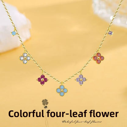 Luxury Clover Female Choker Necklace Multi-color Stone Charms Necklace 14K Gold Plated Jewelry Set